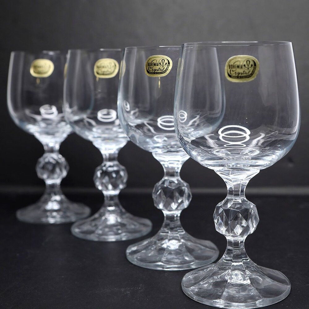 Vintage Set of 4 Bohemia Crystal "Claudia" Wine Glasses - Czechoslovakia 90s NEW